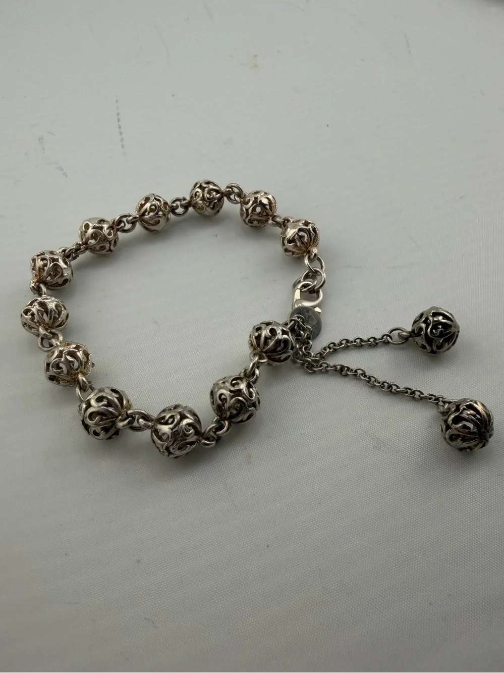 Vintage 925 Sterling Silver Filigree Bead Adjustable Bracelet Tassel Dangle
